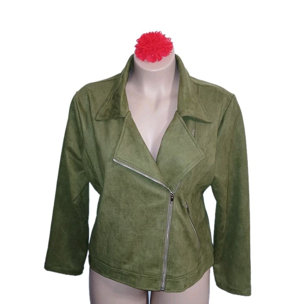 Kirundo Women Faux Suede Moto Jacket XXL 2X Olive Green Biker Motorcycle Riding